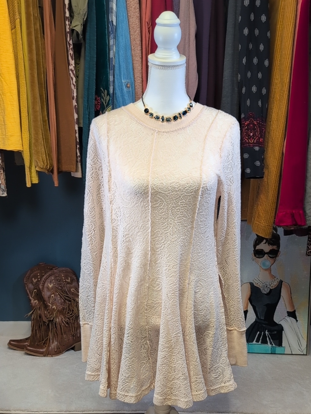 Free People Cream Lace Long-Sleeve Fit-and-Flare Dress
